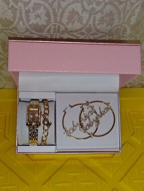 BABY PHAT WATCH GOLD TONE RHINESTONES HOOP EARRING SET NEW WOMEN'S WATCH